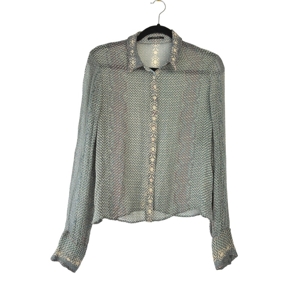 Elie Tahari Silk Button Down Blouse Green Geometric Sheer Long Sleeve Top